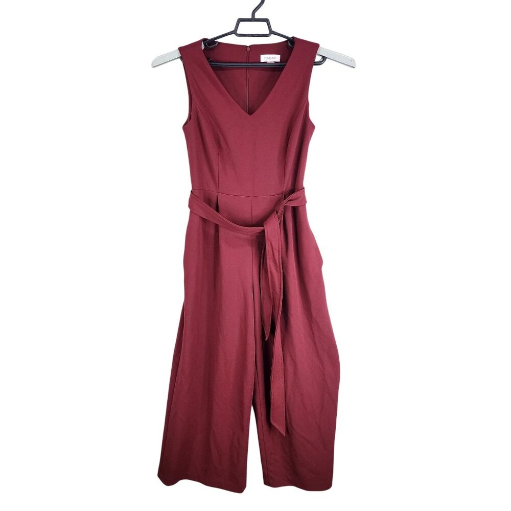 Womens Burgundy Calvin Klein Sleeveless Jumpsuit V-Neck With Belt Size 4